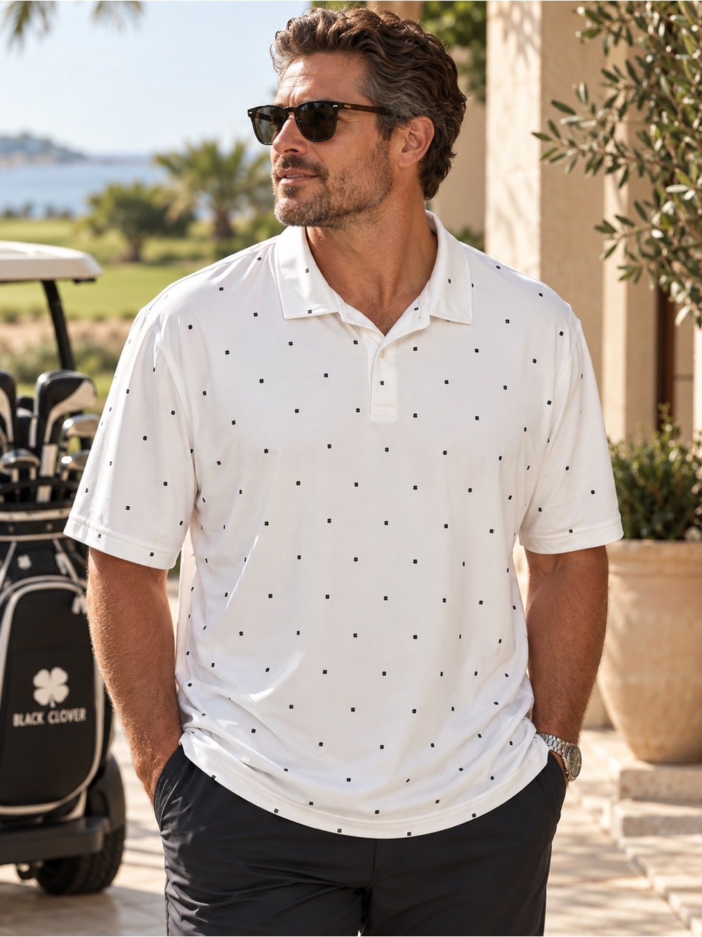 Black Clover Cloverfield All-Over Mini Clover Golf Polo White XXL NWT #225